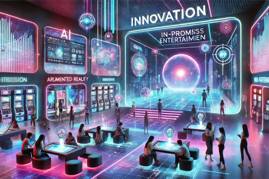 Futuristic entertainment venue with vibrant lighting, showcasing interactive displays and digital technology, creating an immersive experience for patrons in a modern setting.