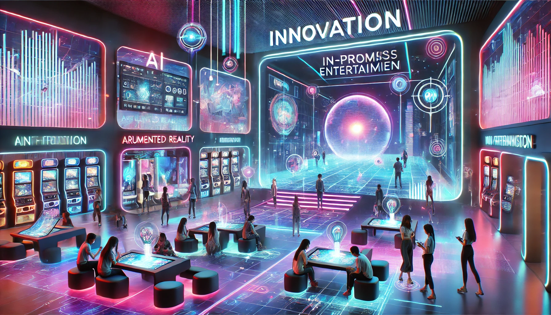 Futuristic entertainment venue with vibrant lighting, showcasing interactive displays and digital technology, creating an immersive experience for patrons in a modern setting.