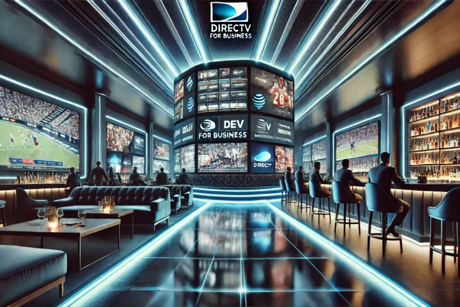 Futuristic business environment with sleek digital screens, showcasing a large entertainment display in a modern setting, ideal for enhancing customer and employee experience.