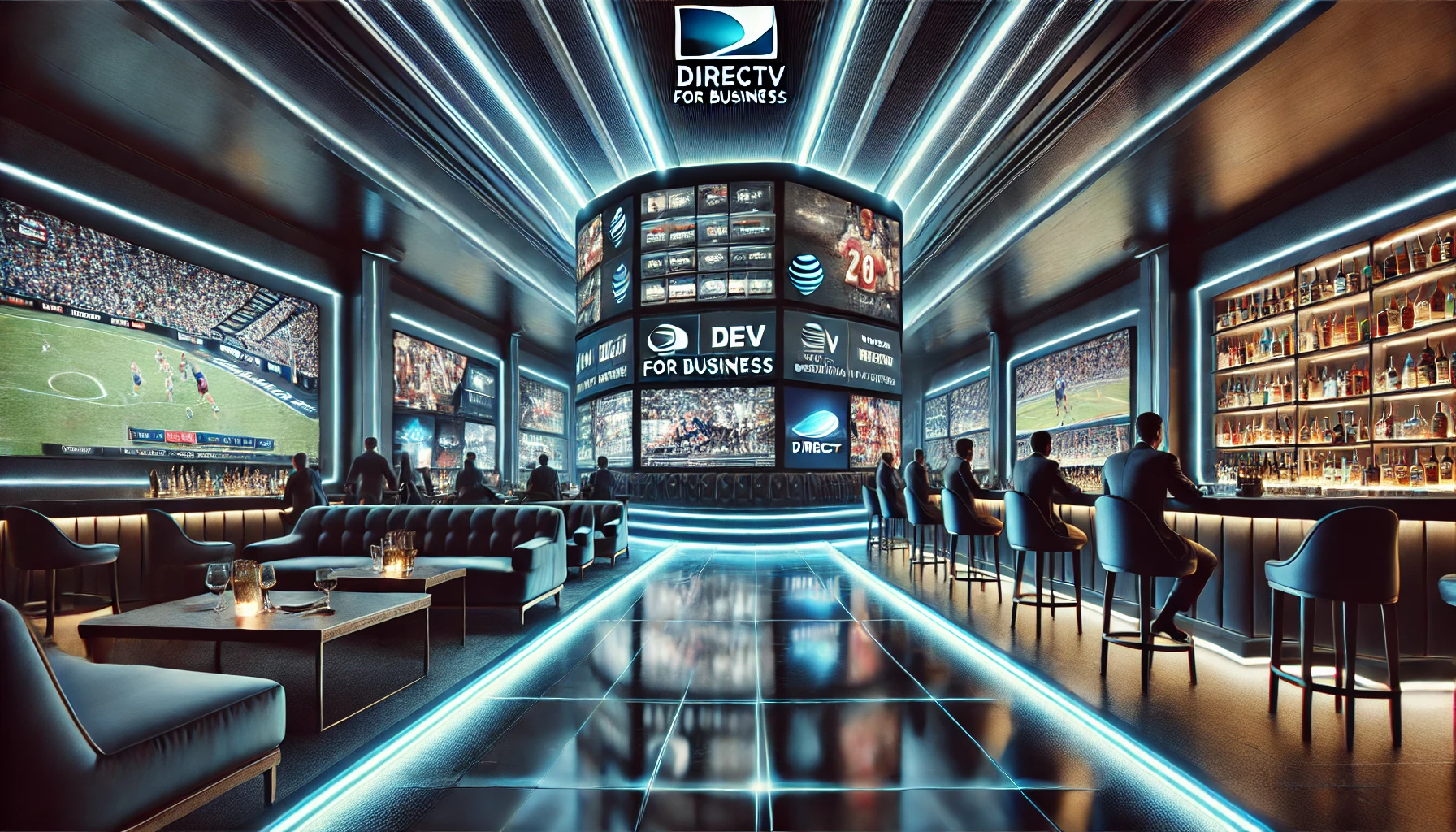 Futuristic business environment with sleek digital screens, showcasing a large entertainment display in a modern setting, ideal for enhancing customer and employee experience.