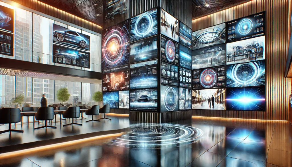 Futuristic business environment with sleek digital screens displaying vibrant video content, highlighting reliable commercial video programming in a modern, high-tech setting.