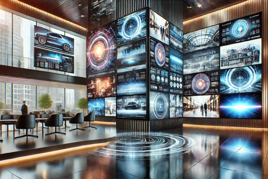 Futuristic business environment with sleek digital screens displaying vibrant video content, highlighting reliable commercial video programming in a modern, high-tech setting.