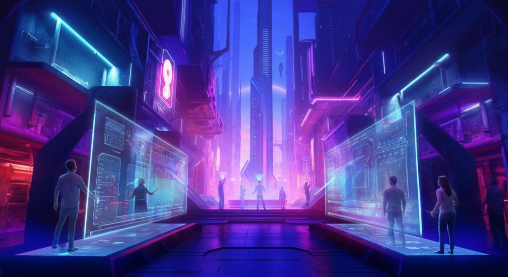 Futuristic cityscape with people interacting with holographic screens, symbolizing advancements in on-premise entertainment technology and immersive digital experiences.