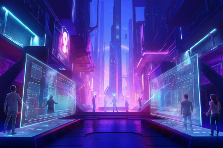 Futuristic cityscape with people interacting with holographic screens, symbolizing advancements in on-premise entertainment technology and immersive digital experiences.